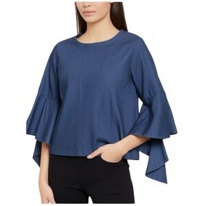 Gracia Blue Denim Bell Tiered Ruffle Sleeve Round Neck Blouse Size Large